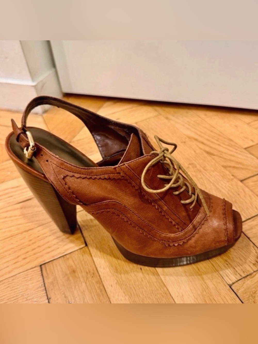 Nine West Brown Leather Oxford Lace-Up Platform Heels Size 11